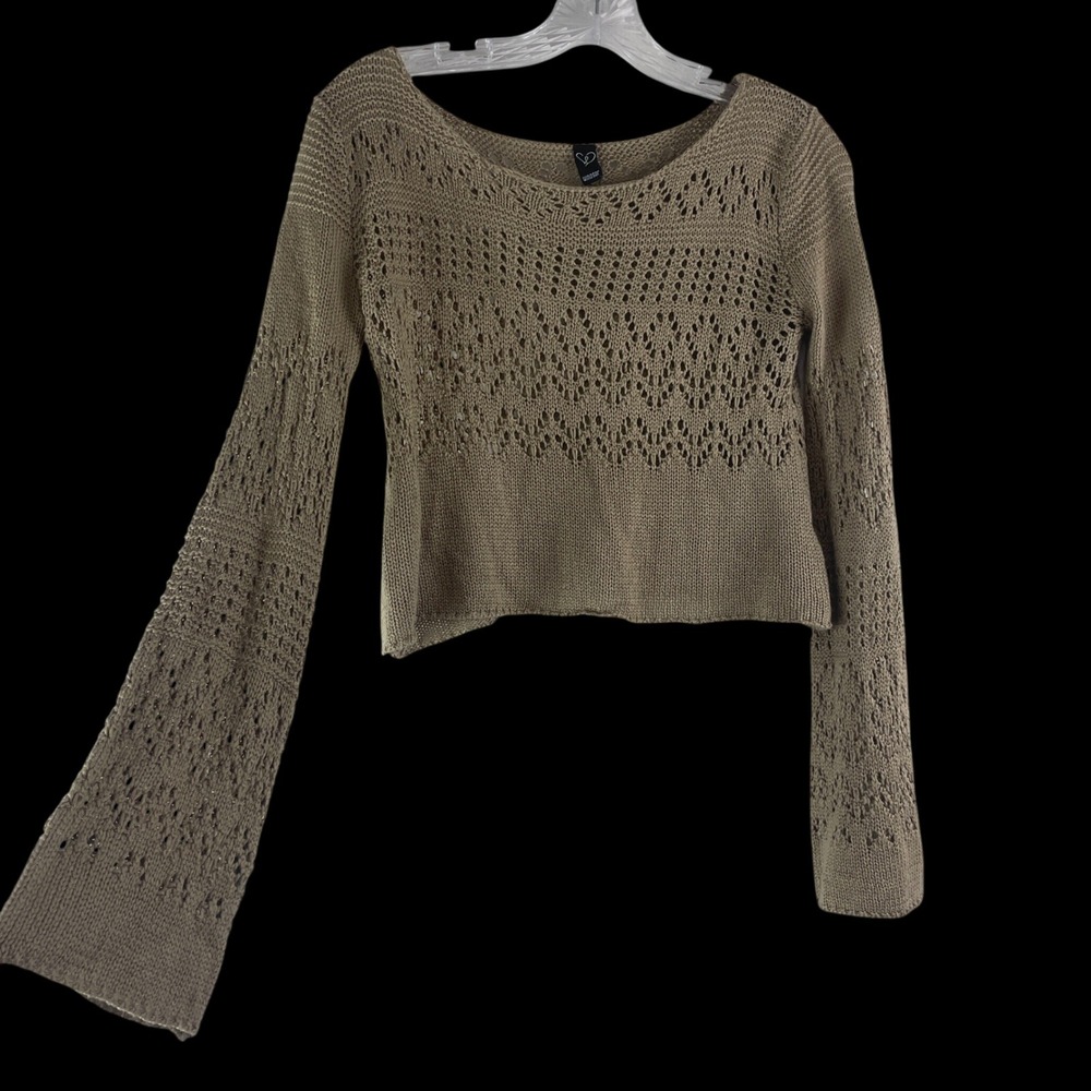 Windsor Pointelle Knit Cropped‎ Sweater XS Tan Bell Sleeve Boho Hippie Festival